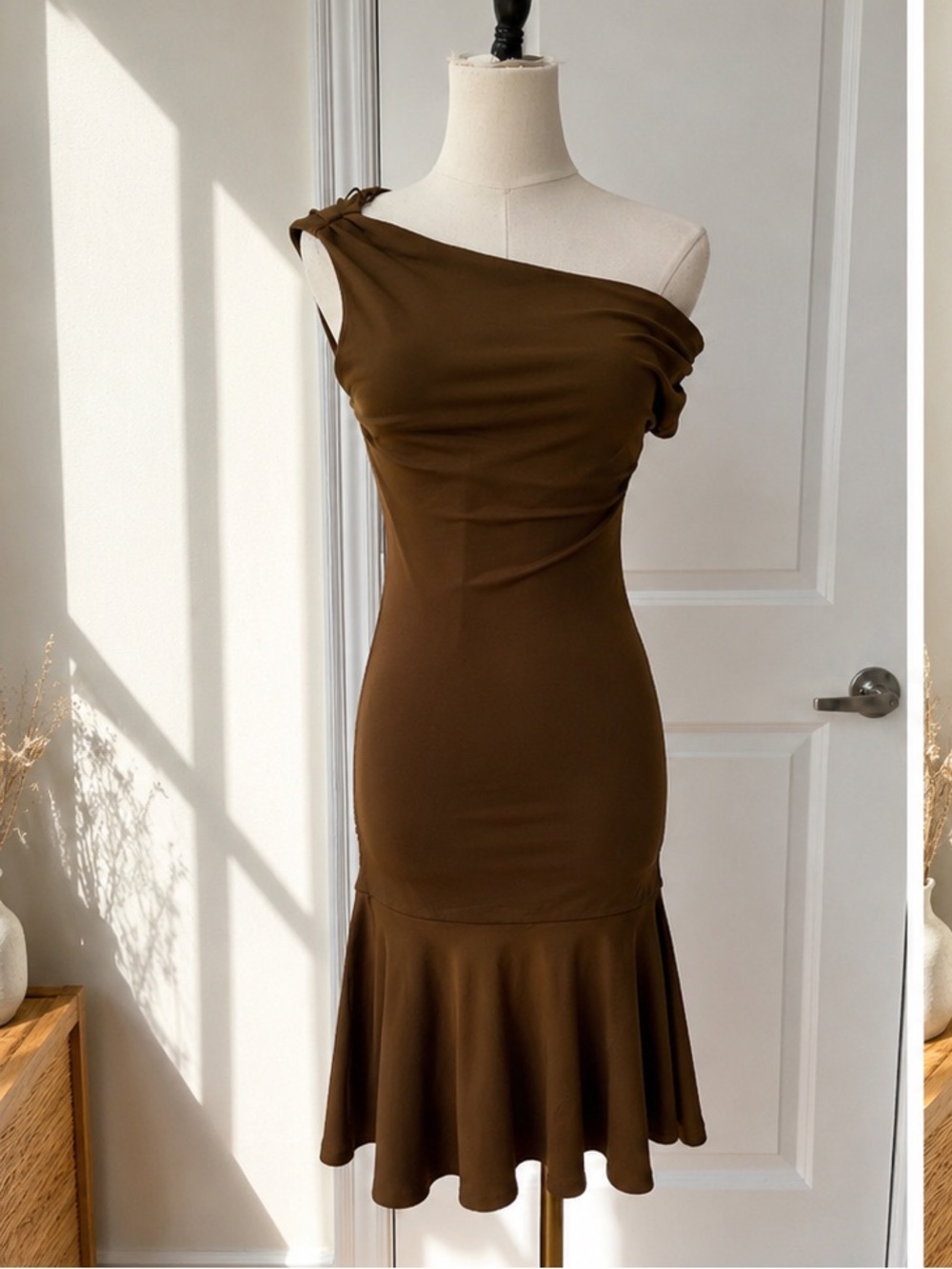 Zara Brown Asymmetrical One-Shoulder Ruffle Hem Dress – Size S